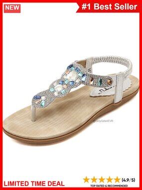 Rhinestone Crystal T-Strap Flat Sandals Slingback Bohemian Wedding